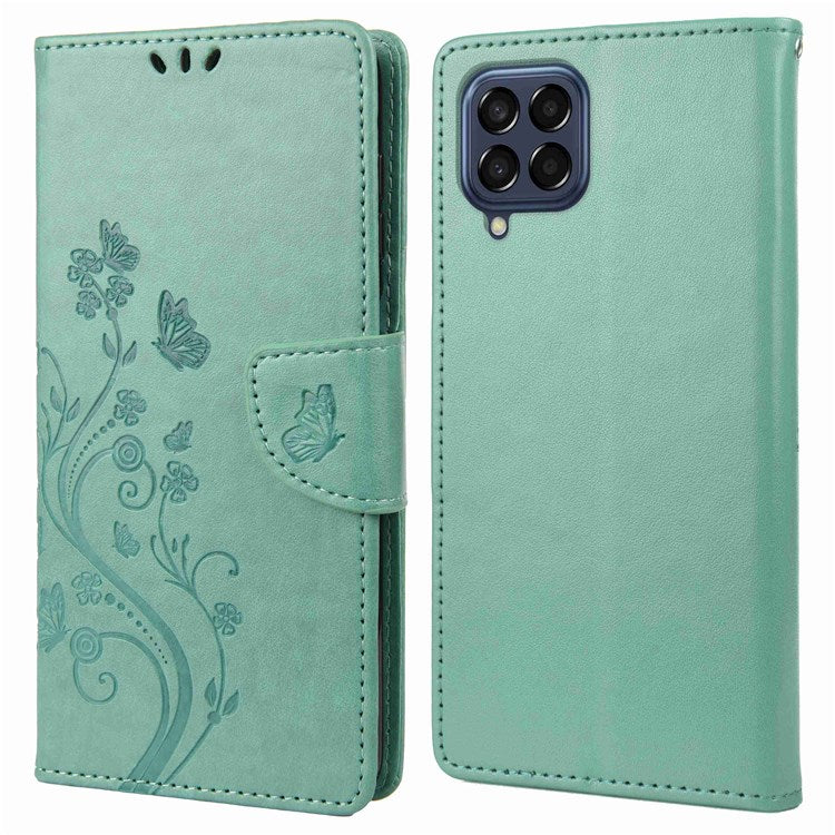 For Samsung Galaxy M53 5G Imprinted Butterflies Flowers PU Leather Flip Case Wallet Style Stand Shockproof Protective Cover with Strap - Green