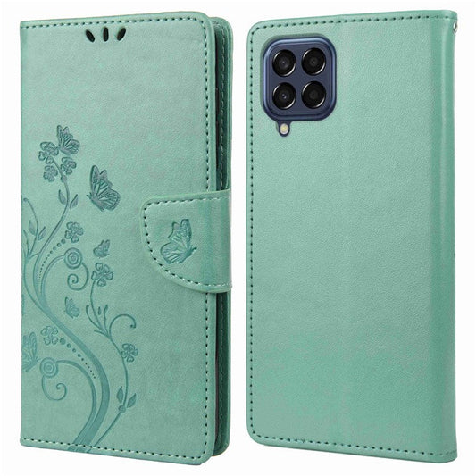 For Samsung Galaxy M53 5G Imprinted Butterflies Flowers PU Leather Flip Case Wallet Style Stand Shockproof Protective Cover with Strap - Green