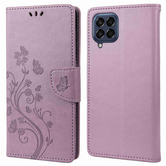 For Samsung Galaxy M53 5G Imprinted Butterflies Flowers PU Leather Flip Case Wallet Style Stand Shockproof Protective Cover with Strap - Light Purple
