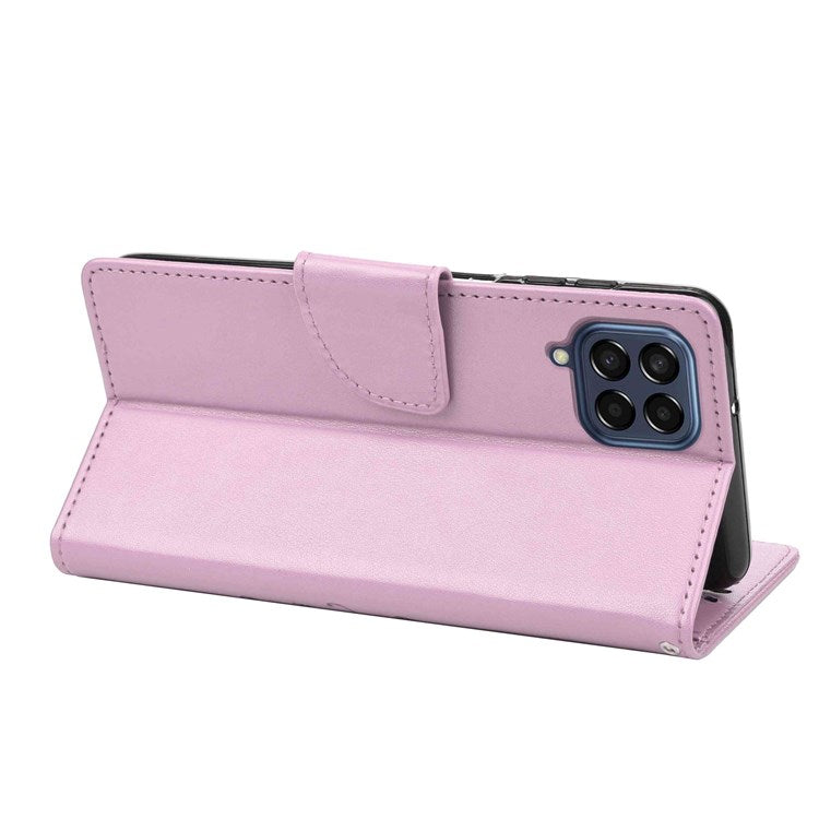 For Samsung Galaxy M53 5G Imprinted Butterflies Flowers PU Leather Flip Case Wallet Style Stand Shockproof Protective Cover with Strap - Light Purple
