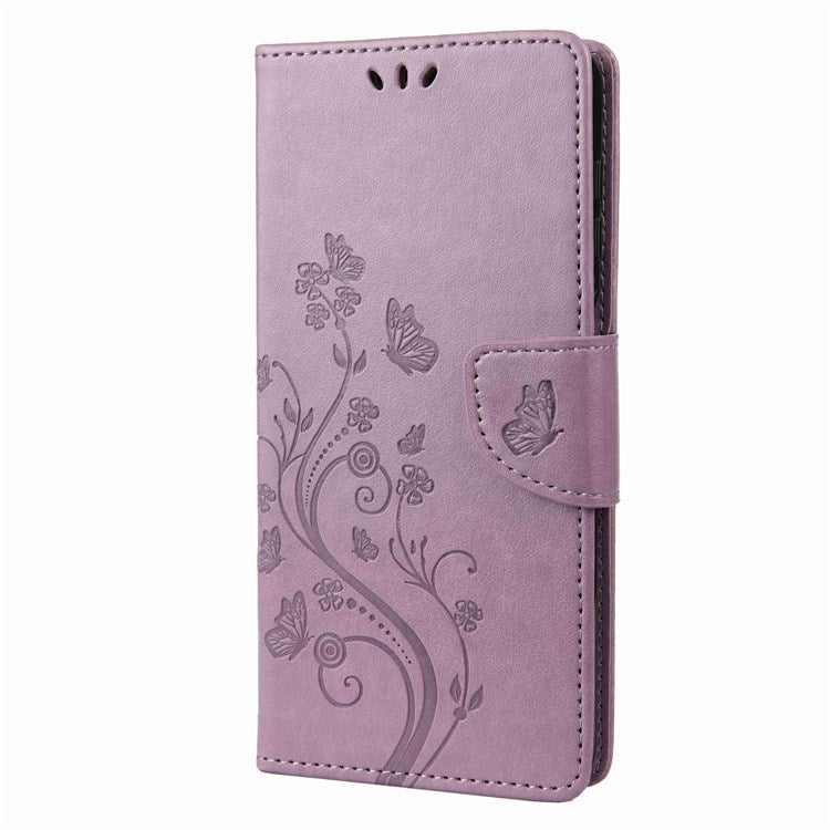 For Samsung Galaxy M53 5G Imprinted Butterflies Flowers PU Leather Flip Case Wallet Style Stand Shockproof Protective Cover with Strap - Light Purple