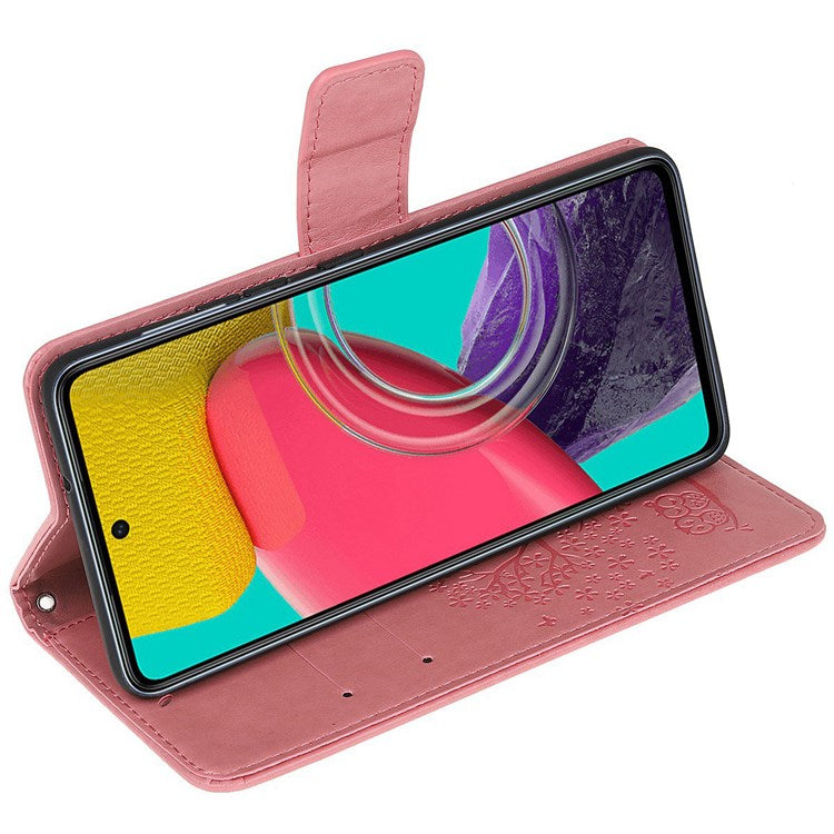 For Samsung Galaxy M53 5G Stand PU Leather Case Imprinted Owl Tree Pattern Wallet Cover with Strap - Pink
