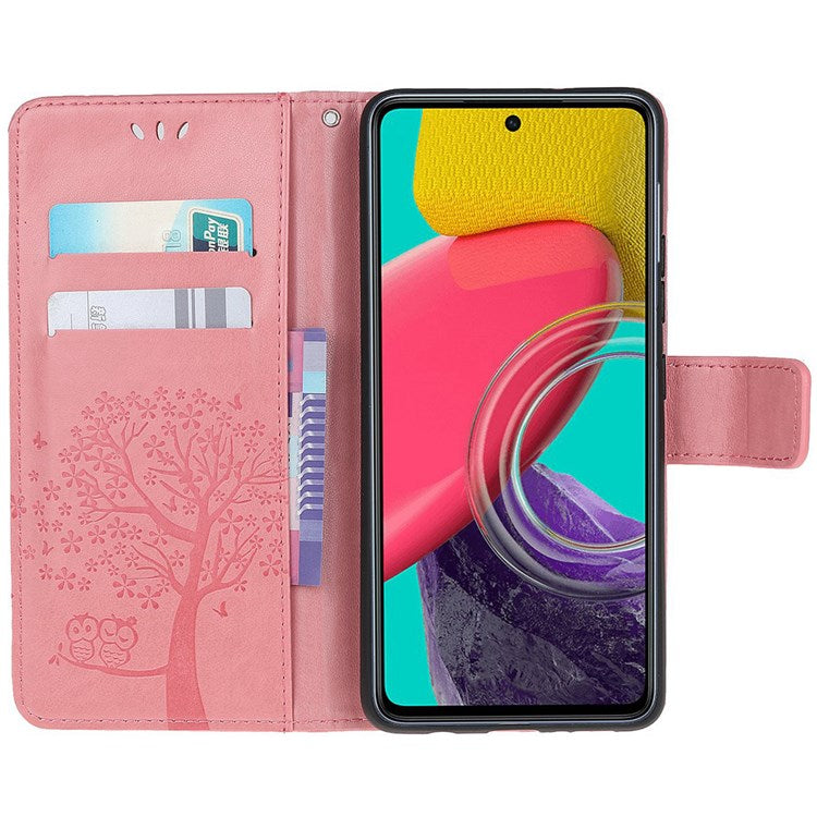 For Samsung Galaxy M53 5G Stand PU Leather Case Imprinted Owl Tree Pattern Wallet Cover with Strap - Pink