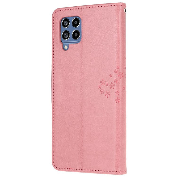 For Samsung Galaxy M53 5G Stand PU Leather Case Imprinted Owl Tree Pattern Wallet Cover with Strap - Pink