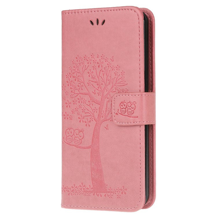For Samsung Galaxy M53 5G Stand PU Leather Case Imprinted Owl Tree Pattern Wallet Cover with Strap - Pink