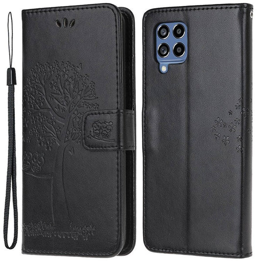 For Samsung Galaxy M53 5G Stand PU Leather Case Imprinted Owl Tree Pattern Wallet Cover with Strap - Black