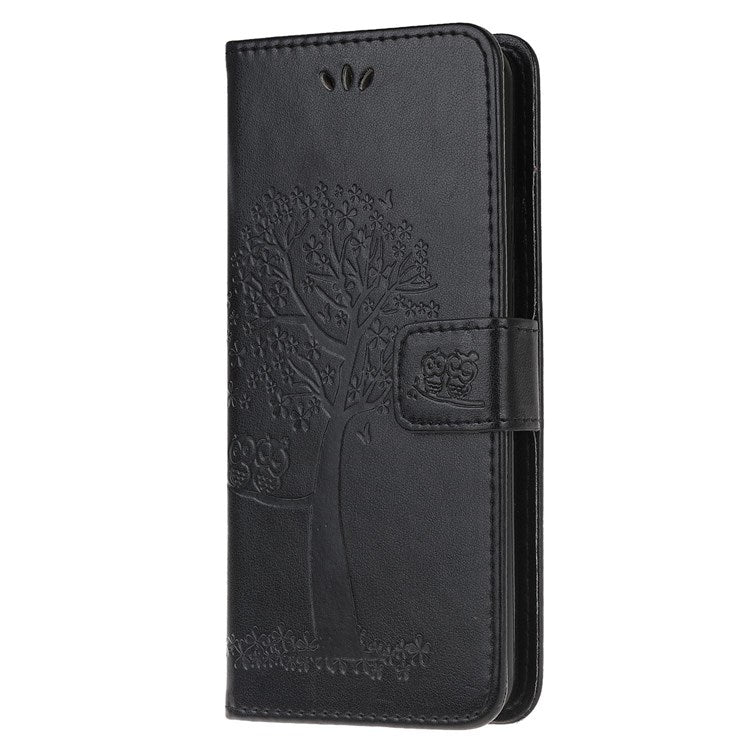 For Samsung Galaxy M53 5G Stand PU Leather Case Imprinted Owl Tree Pattern Wallet Cover with Strap - Black