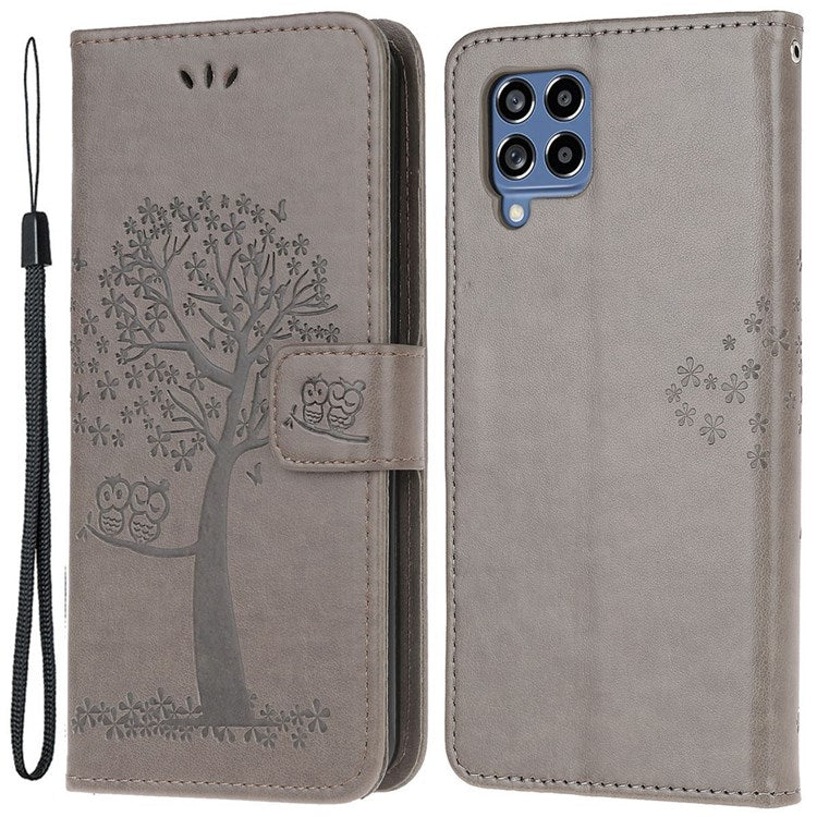 For Samsung Galaxy M53 5G Stand PU Leather Case Imprinted Owl Tree Pattern Wallet Cover with Strap - Grey