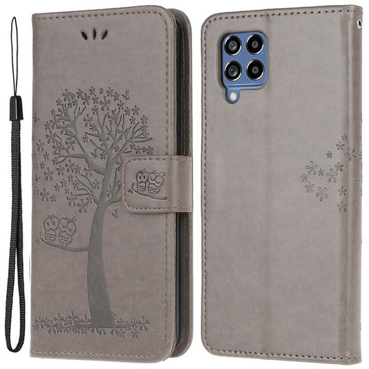 For Samsung Galaxy M53 5G Stand PU Leather Case Imprinted Owl Tree Pattern Wallet Cover with Strap - Grey