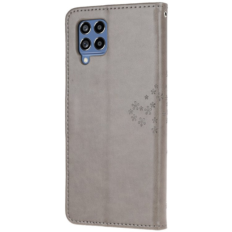 For Samsung Galaxy M53 5G Stand PU Leather Case Imprinted Owl Tree Pattern Wallet Cover with Strap - Grey