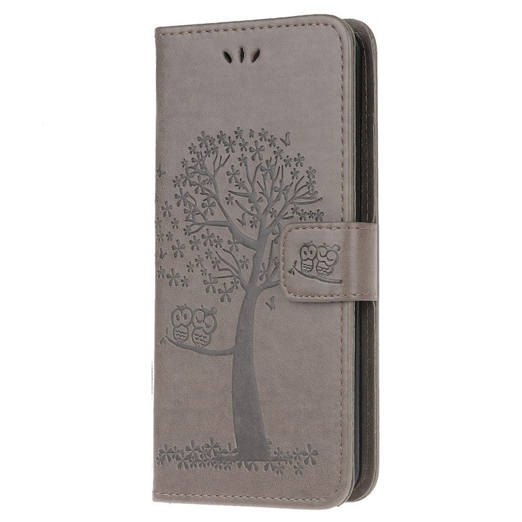 For Samsung Galaxy M53 5G Stand PU Leather Case Imprinted Owl Tree Pattern Wallet Cover with Strap - Grey