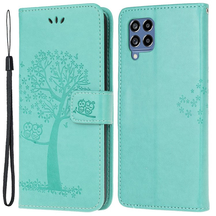For Samsung Galaxy M53 5G Stand PU Leather Case Imprinted Owl Tree Pattern Wallet Cover with Strap - Cyan