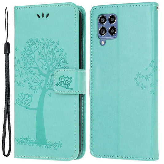 For Samsung Galaxy M53 5G Stand PU Leather Case Imprinted Owl Tree Pattern Wallet Cover with Strap - Cyan