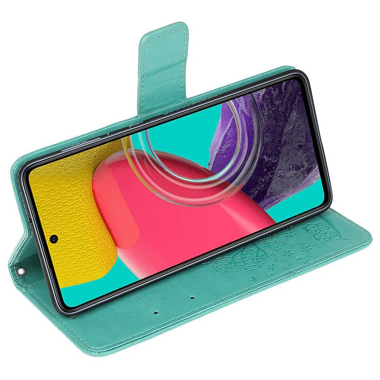 For Samsung Galaxy M53 5G Stand PU Leather Case Imprinted Owl Tree Pattern Wallet Cover with Strap - Cyan