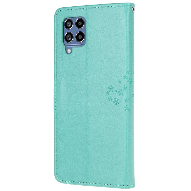 For Samsung Galaxy M53 5G Stand PU Leather Case Imprinted Owl Tree Pattern Wallet Cover with Strap - Cyan