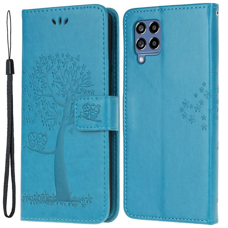 For Samsung Galaxy M53 5G Stand PU Leather Case Imprinted Owl Tree Pattern Wallet Cover with Strap - Blue