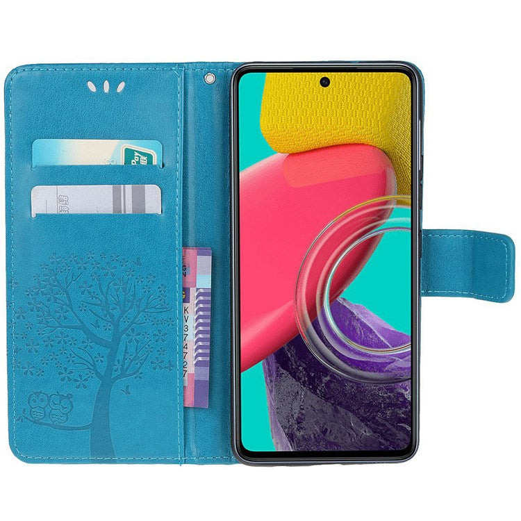 For Samsung Galaxy M53 5G Stand PU Leather Case Imprinted Owl Tree Pattern Wallet Cover with Strap - Blue