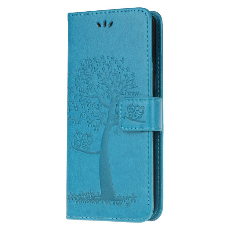 For Samsung Galaxy M53 5G Stand PU Leather Case Imprinted Owl Tree Pattern Wallet Cover with Strap - Blue