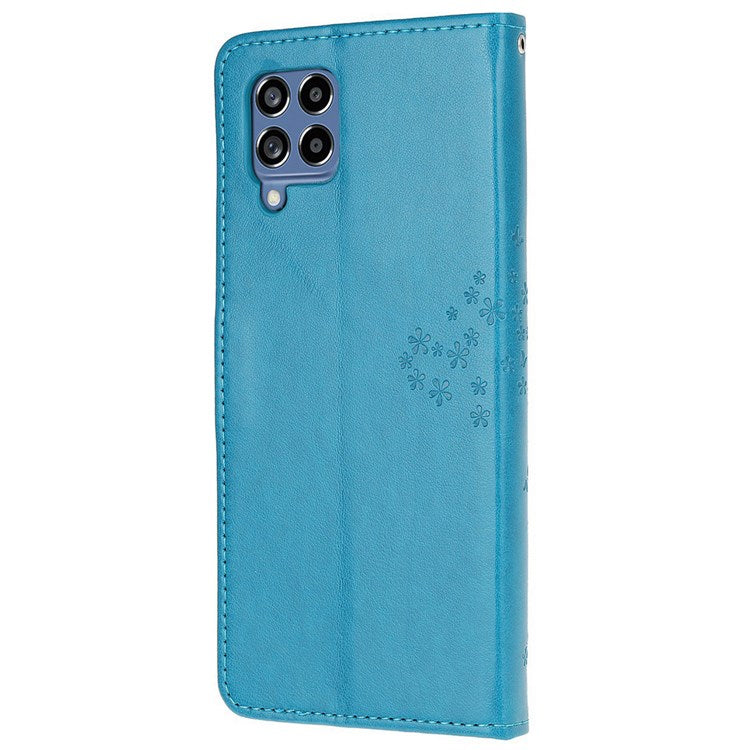 For Samsung Galaxy M53 5G Stand PU Leather Case Imprinted Owl Tree Pattern Wallet Cover with Strap - Blue