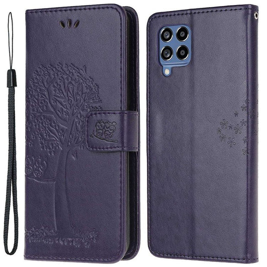 For Samsung Galaxy M53 5G Stand PU Leather Case Imprinted Owl Tree Pattern Wallet Cover with Strap - Dark Purple