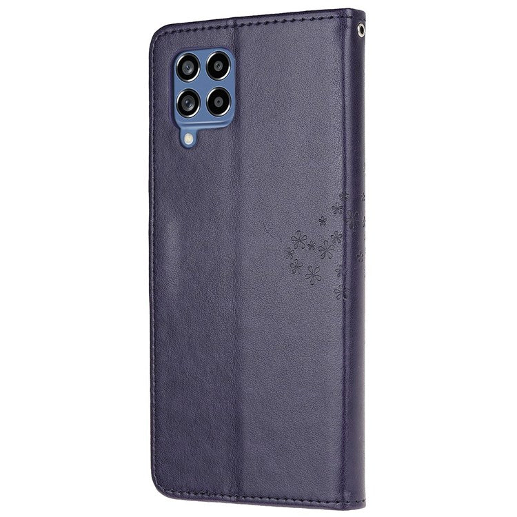For Samsung Galaxy M53 5G Stand PU Leather Case Imprinted Owl Tree Pattern Wallet Cover with Strap - Dark Purple