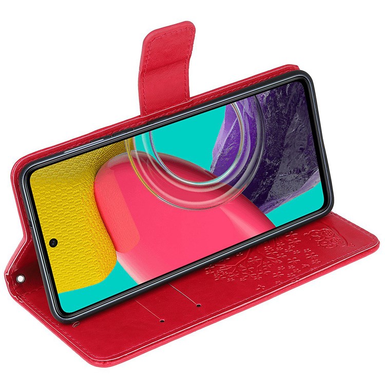 For Samsung Galaxy M53 5G Stand PU Leather Case Imprinted Owl Tree Pattern Wallet Cover with Strap - Red