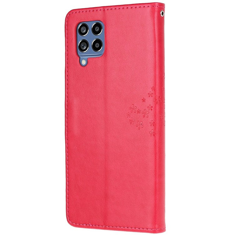 For Samsung Galaxy M53 5G Stand PU Leather Case Imprinted Owl Tree Pattern Wallet Cover with Strap - Red
