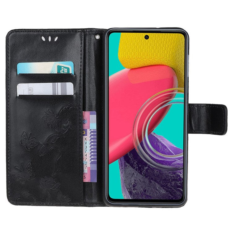For Samsung Galaxy M53 5G Butterfly Flower Imprinted PU Leather Magnetic Clasp Phone Case Wallet Stand Cover - Black