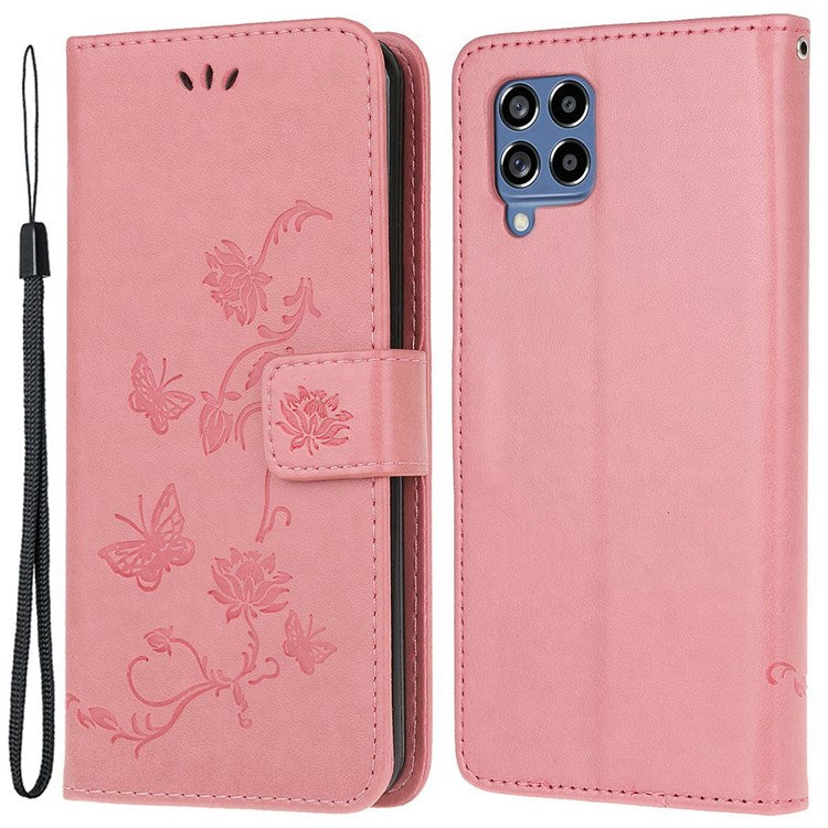 For Samsung Galaxy M53 5G Butterfly Flower Imprinted PU Leather Magnetic Clasp Phone Case Wallet Stand Cover - Pink