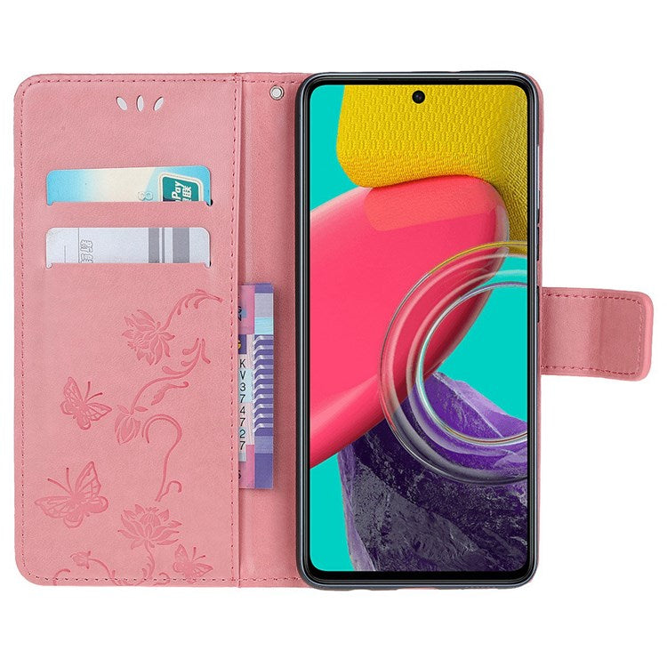 For Samsung Galaxy M53 5G Butterfly Flower Imprinted PU Leather Magnetic Clasp Phone Case Wallet Stand Cover - Pink