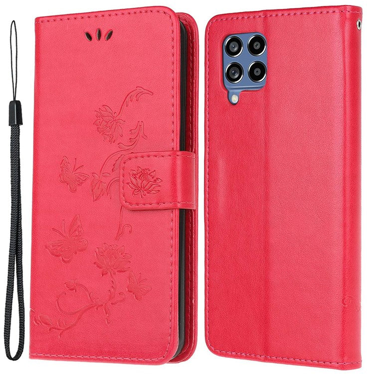 For Samsung Galaxy M53 5G Butterfly Flower Imprinted PU Leather Magnetic Clasp Phone Case Wallet Stand Cover - Red