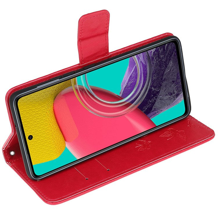 For Samsung Galaxy M53 5G Butterfly Flower Imprinted PU Leather Magnetic Clasp Phone Case Wallet Stand Cover - Red