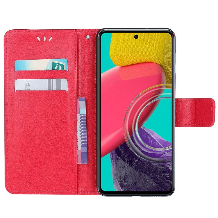 For Samsung Galaxy M53 5G Butterfly Flower Imprinted PU Leather Magnetic Clasp Phone Case Wallet Stand Cover - Red