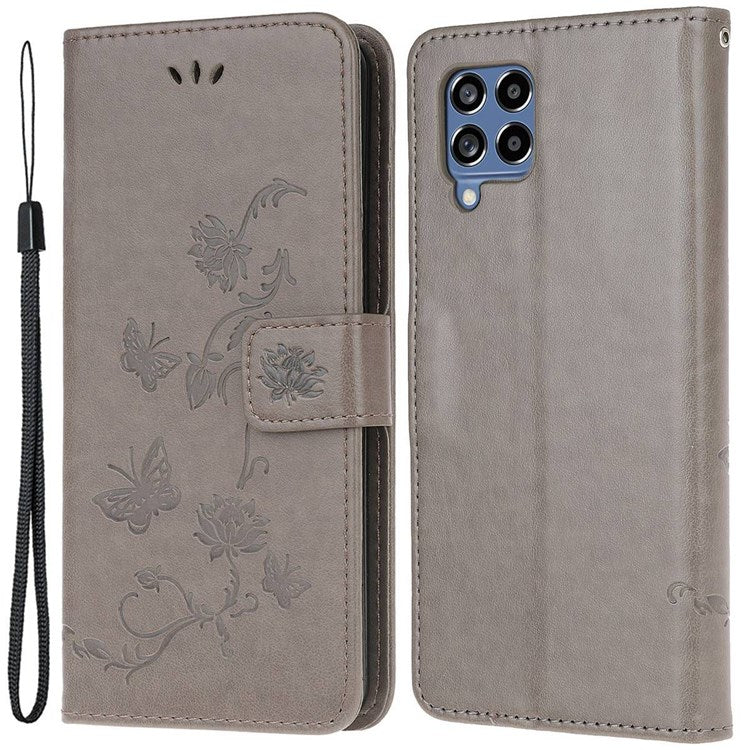 For Samsung Galaxy M53 5G Butterfly Flower Imprinted PU Leather Magnetic Clasp Phone Case Wallet Stand Cover - Grey