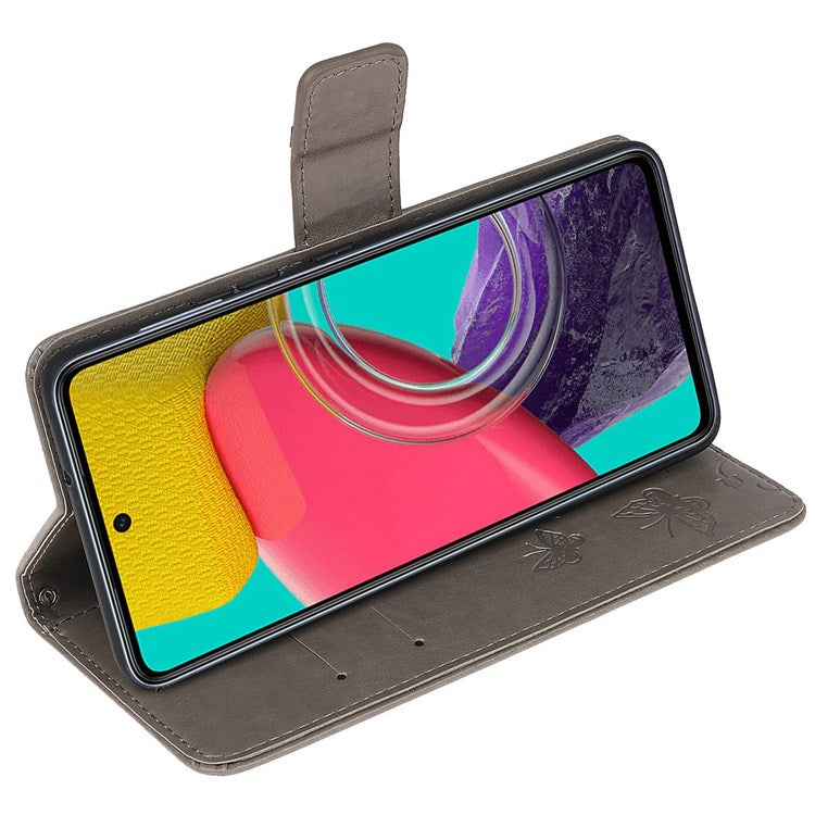 For Samsung Galaxy M53 5G Butterfly Flower Imprinted PU Leather Magnetic Clasp Phone Case Wallet Stand Cover - Grey