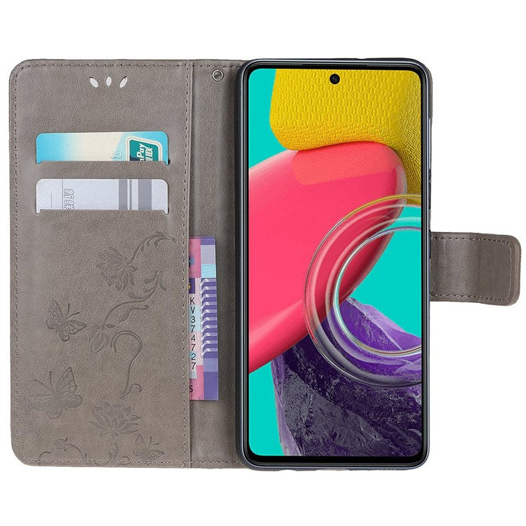 For Samsung Galaxy M53 5G Butterfly Flower Imprinted PU Leather Magnetic Clasp Phone Case Wallet Stand Cover - Grey