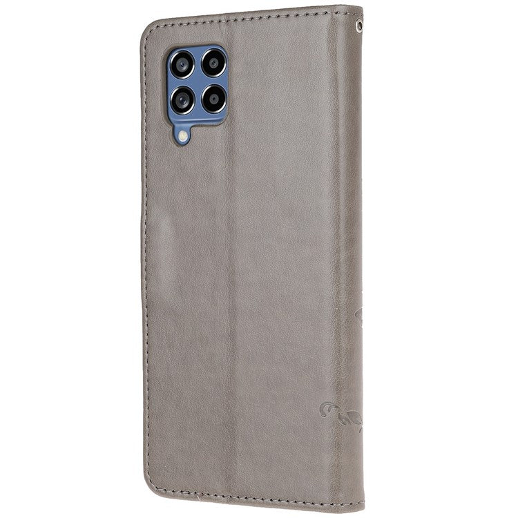 For Samsung Galaxy M53 5G Butterfly Flower Imprinted PU Leather Magnetic Clasp Phone Case Wallet Stand Cover - Grey