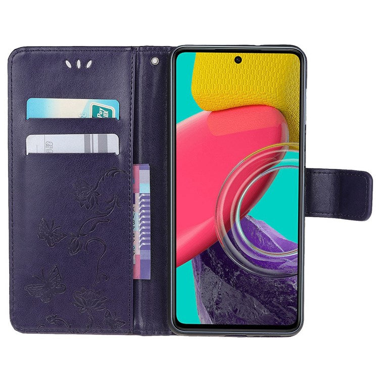 For Samsung Galaxy M53 5G Butterfly Flower Imprinted PU Leather Magnetic Clasp Phone Case Wallet Stand Cover - Dark Blue