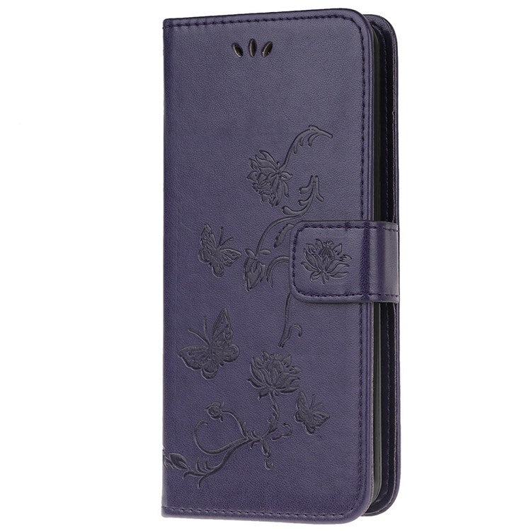 For Samsung Galaxy M53 5G Butterfly Flower Imprinted PU Leather Magnetic Clasp Phone Case Wallet Stand Cover - Dark Blue