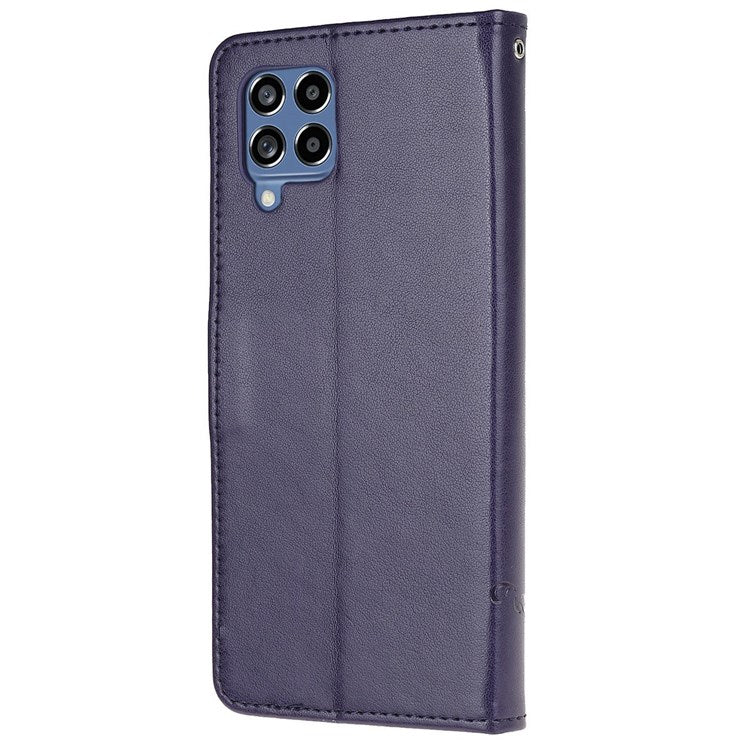 For Samsung Galaxy M53 5G Butterfly Flower Imprinted PU Leather Magnetic Clasp Phone Case Wallet Stand Cover - Dark Blue