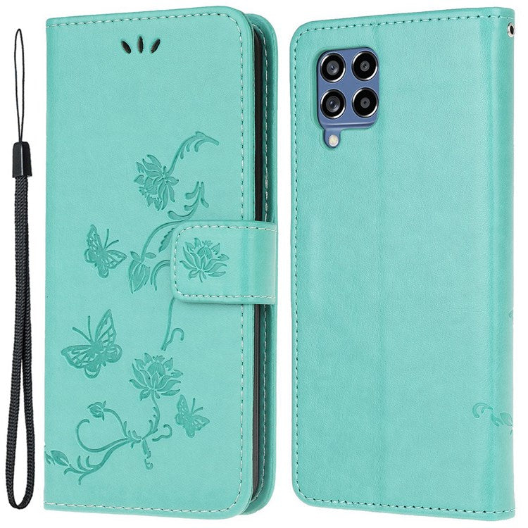 For Samsung Galaxy M53 5G Butterfly Flower Imprinted PU Leather Magnetic Clasp Phone Case Wallet Stand Cover - Cyan