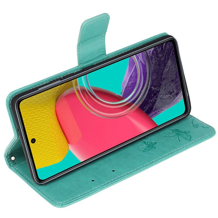 For Samsung Galaxy M53 5G Butterfly Flower Imprinted PU Leather Magnetic Clasp Phone Case Wallet Stand Cover - Cyan