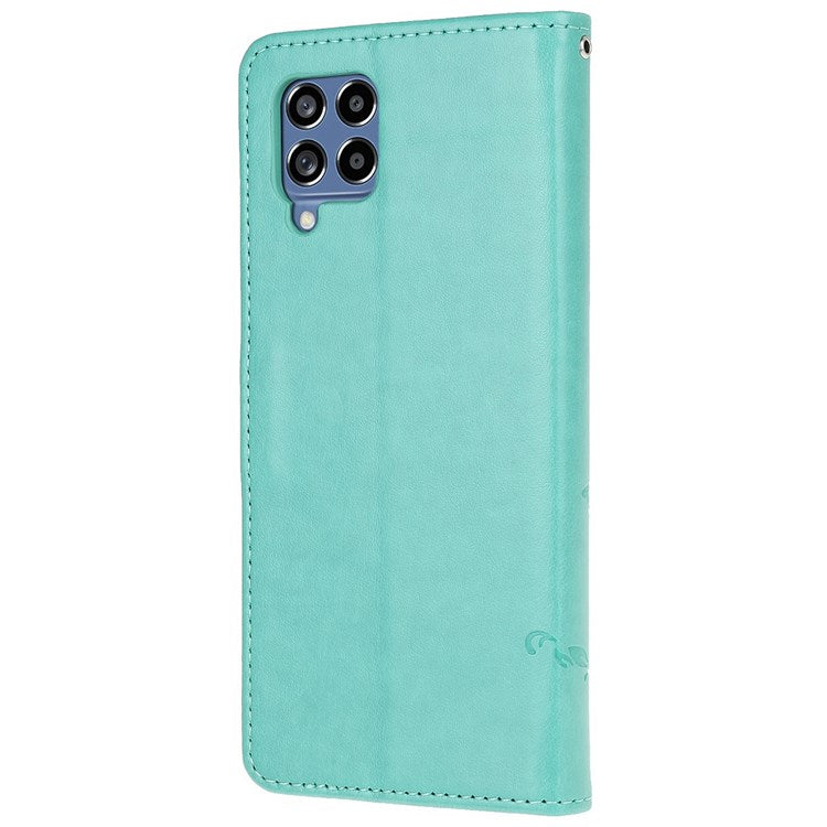 For Samsung Galaxy M53 5G Butterfly Flower Imprinted PU Leather Magnetic Clasp Phone Case Wallet Stand Cover - Cyan