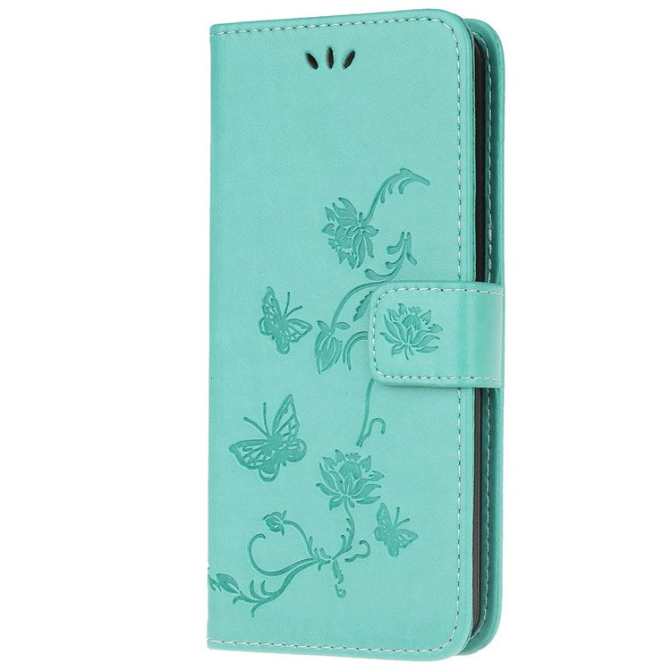 For Samsung Galaxy M53 5G Butterfly Flower Imprinted PU Leather Magnetic Clasp Phone Case Wallet Stand Cover - Cyan
