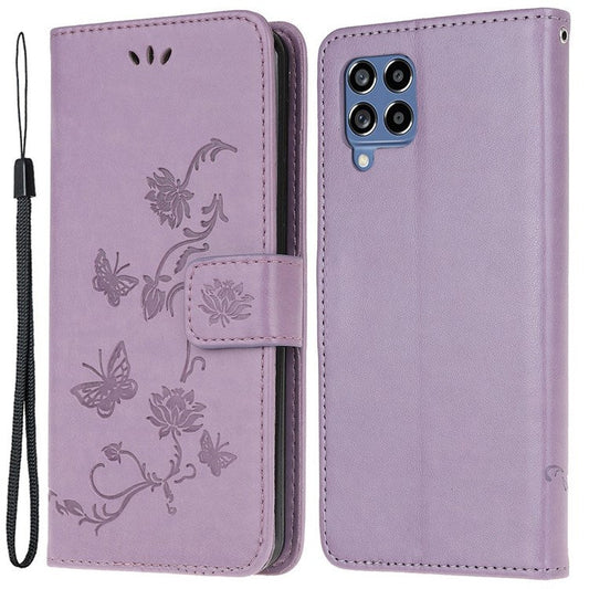 For Samsung Galaxy M53 5G Butterfly Flower Imprinted PU Leather Magnetic Clasp Phone Case Wallet Stand Cover - Purple