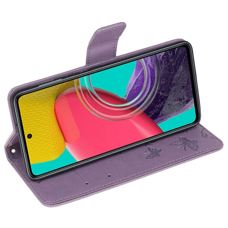 For Samsung Galaxy M53 5G Butterfly Flower Imprinted PU Leather Magnetic Clasp Phone Case Wallet Stand Cover - Purple