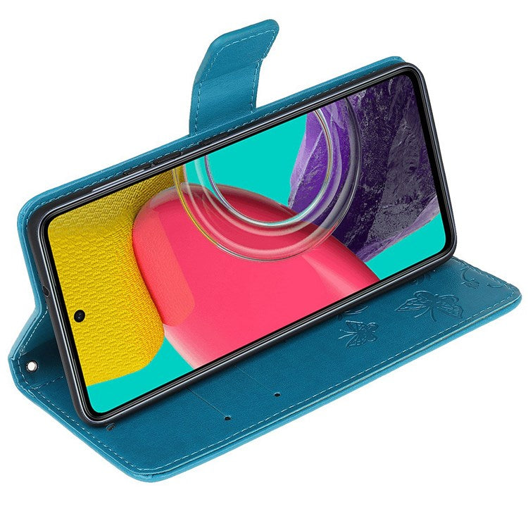 For Samsung Galaxy M53 5G Butterfly Flower Imprinted PU Leather Magnetic Clasp Phone Case Wallet Stand Cover - Blue