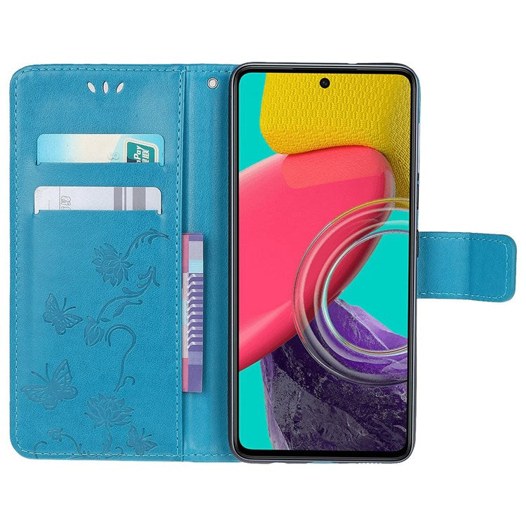 For Samsung Galaxy M53 5G Butterfly Flower Imprinted PU Leather Magnetic Clasp Phone Case Wallet Stand Cover - Blue