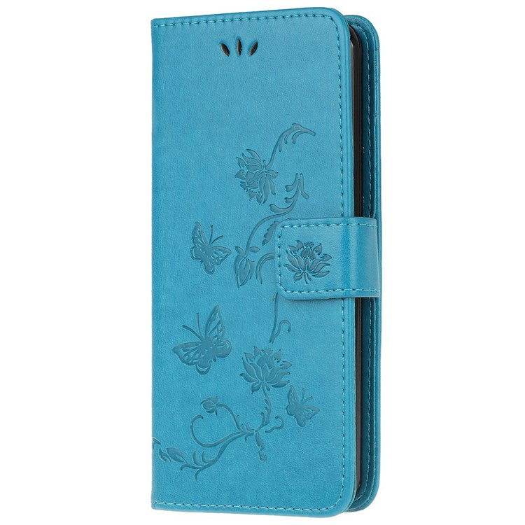 For Samsung Galaxy M53 5G Butterfly Flower Imprinted PU Leather Magnetic Clasp Phone Case Wallet Stand Cover - Blue