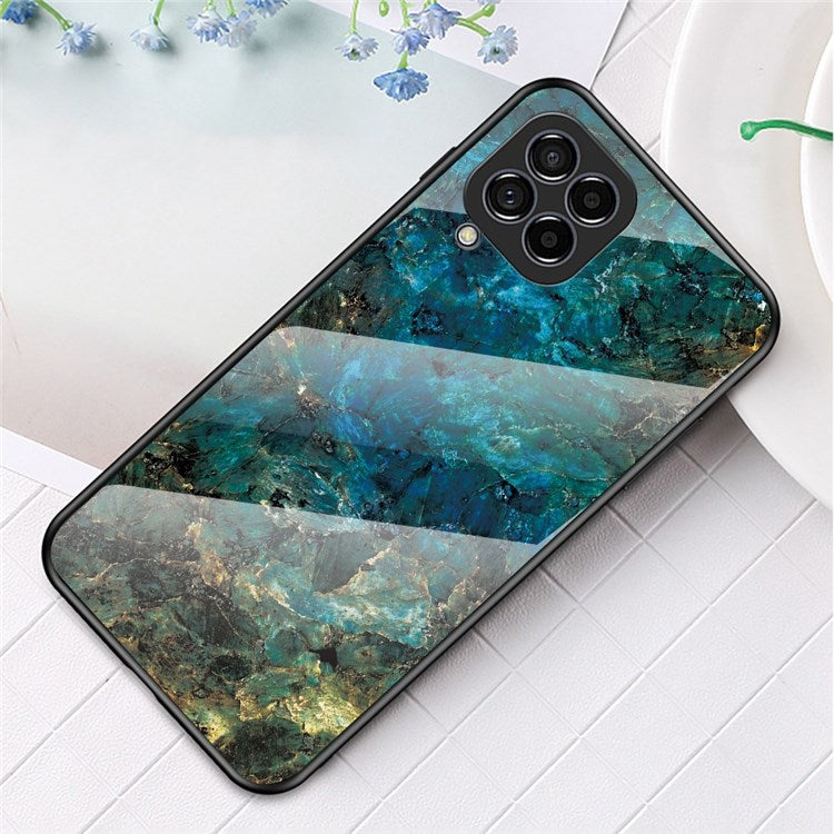 For Samsung Galaxy M33 5G (Global Version) Marble Pattern Tempered Glass + PC + TPU Anti-shock Smooth Touch Cell Phone Shell Case - Emerald Marble